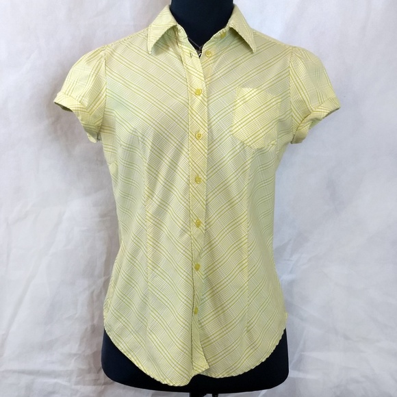 Stretch Cap-Sleeve Button-Down Top in Yellow/White - Picture 1 of 8